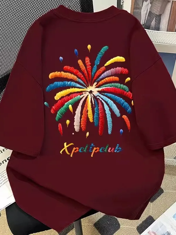 

Heavyweight Pure Cotton Oversized ort Sve T-irt fiti Print ex Summer Trendy Loose Fit Couple's Casual Top