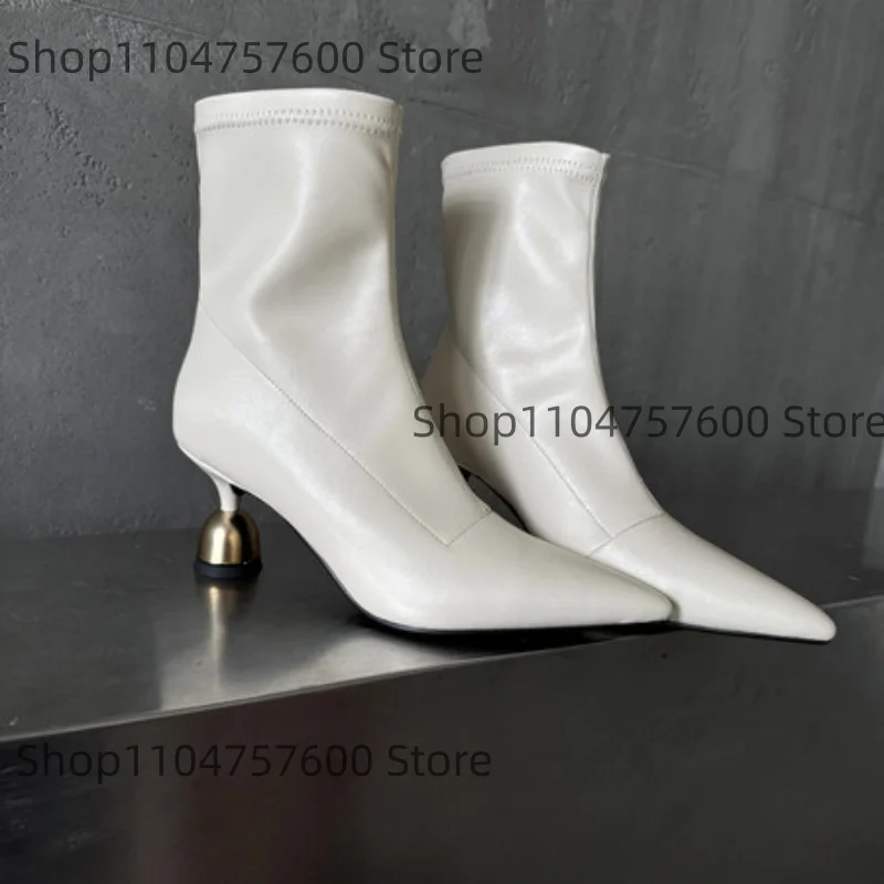 Women White Leather Ankle Boots Bell-Shaped Metallic Heel Design Pointed Toe Luxury Elegant Dress Daily Office Lady Short Botas