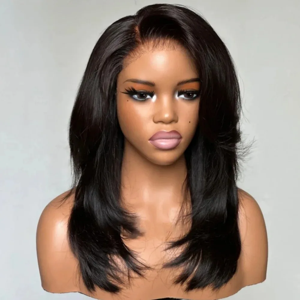 

Black Layered Straight Lace Front Wig With Bangs Pre Plucked Pre Cut for Beginners Side Part Synthetic And Blend Daily Cosplay