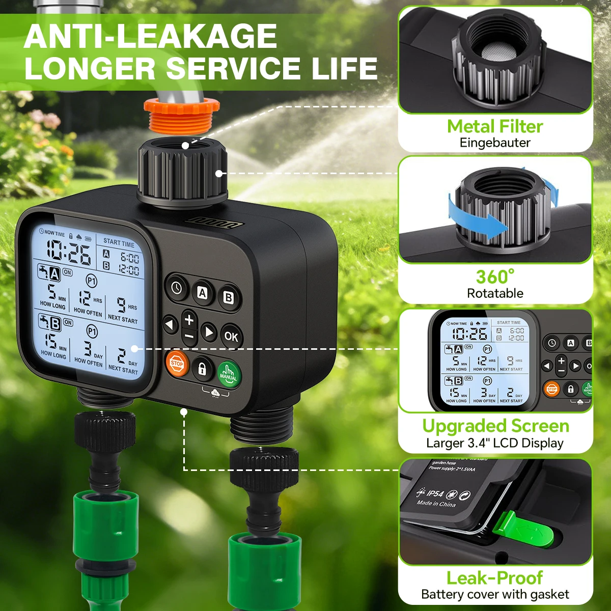 

Dual Outlet Smart Automatic Water Timer for Garden | Outdoor Faucet Hose Irrigation Controller | Efficient Plant Watering System