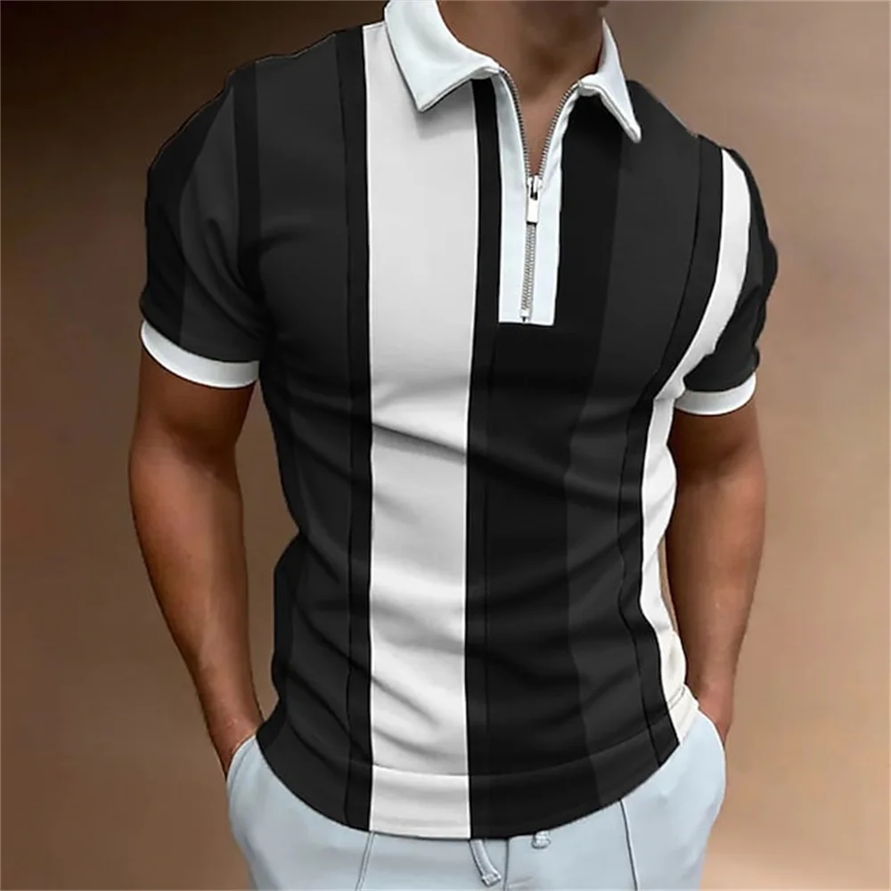 2023 Polo Shirt for Men Summer Men's Tops Daily Short Sleeve Striped Golf Plain Clothing Men Shirts Turn-down Collar Zippers Tee