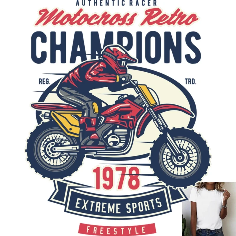 Retro Motocross Champions 1978 Extreme Sports Freestyle Heat Transfer White Ink Iron - on Patch, Suitable for T - Shirts/Canvas