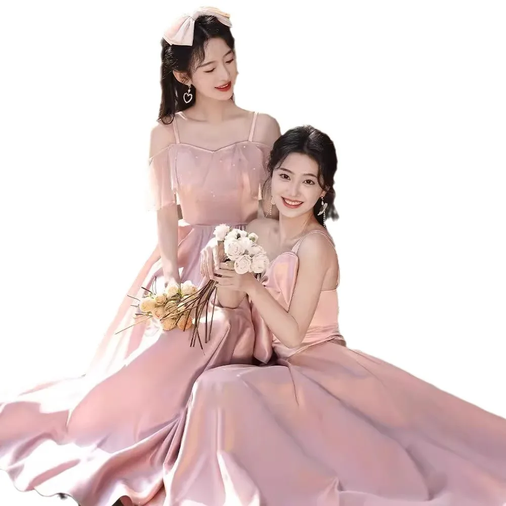 Personalizado rosa vestidos de dama de honra cetim formal vestido de noite doce memória feminino meninas princesa vestido de festa de casamento 2025 novo