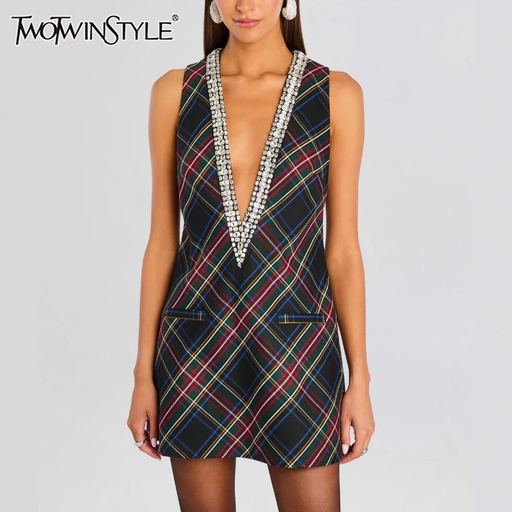 TWOTWINSTYLE Colorblock Check Short Dresses for Women Deep V Neck Sleevelsss Patchwork Diamonds American Vintage Dress Female