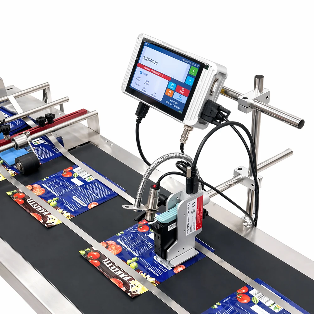 Tij Online Inkjet Printer Automatic Coding Machine Printing for Plastic Paper Bag Boxes Expiry Date Barcode Batch Qr Code logo