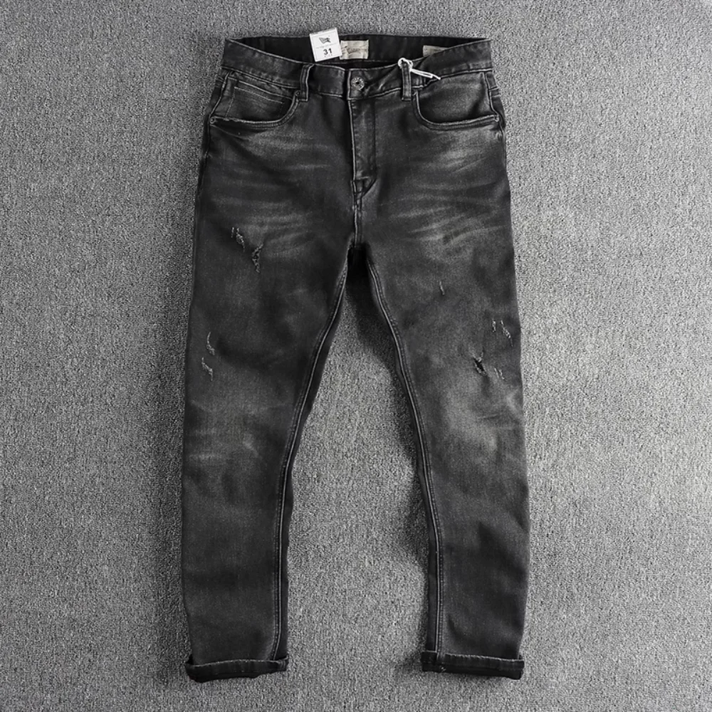 

Autumn new black retro simple frayed jeans men fit small straight leg everything trend to do old pants