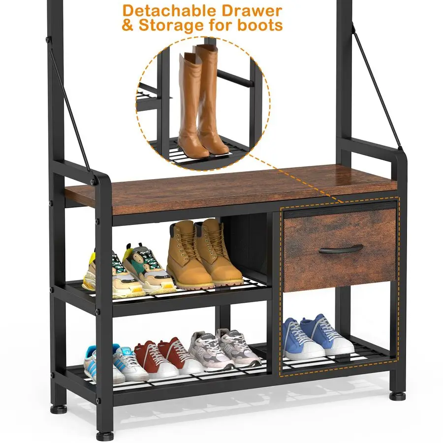 Hall Tree, 31.5 Entryway Bench with Coat Rack freestanding, 5 in 1 Intelligent Design Shoe Bench and Wall Rack 17 Hooks and Draw