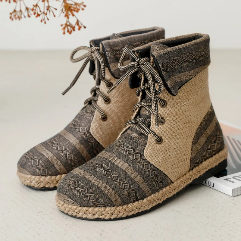 

Льняные лоскутные дизайнерские ботильоны на шнуровке для женщин, дышащие высокие парусиновые кроссовки с вышивкой, удобная легкая повседневная обувь