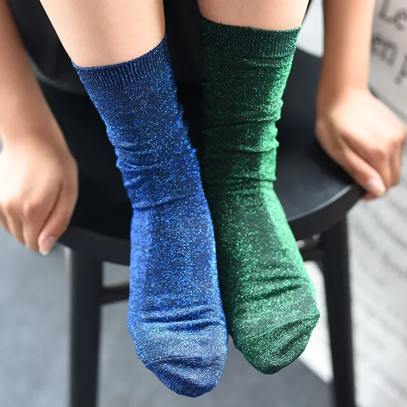 Women's Glitter Tube Gold and Silver Silk Material Socks Christmas Solid color Shiny High elastic Fashionable Summer Sock