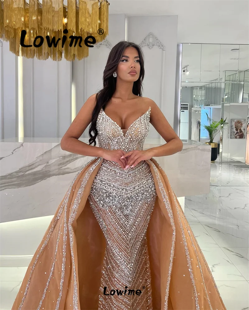 Lowime 2 In 1 Dark Champagne Arabic Evening Dresses 2024 Aso Ebi Crystals Luxury Mermaid Celebrity Dress Prom Gowns Party Dress