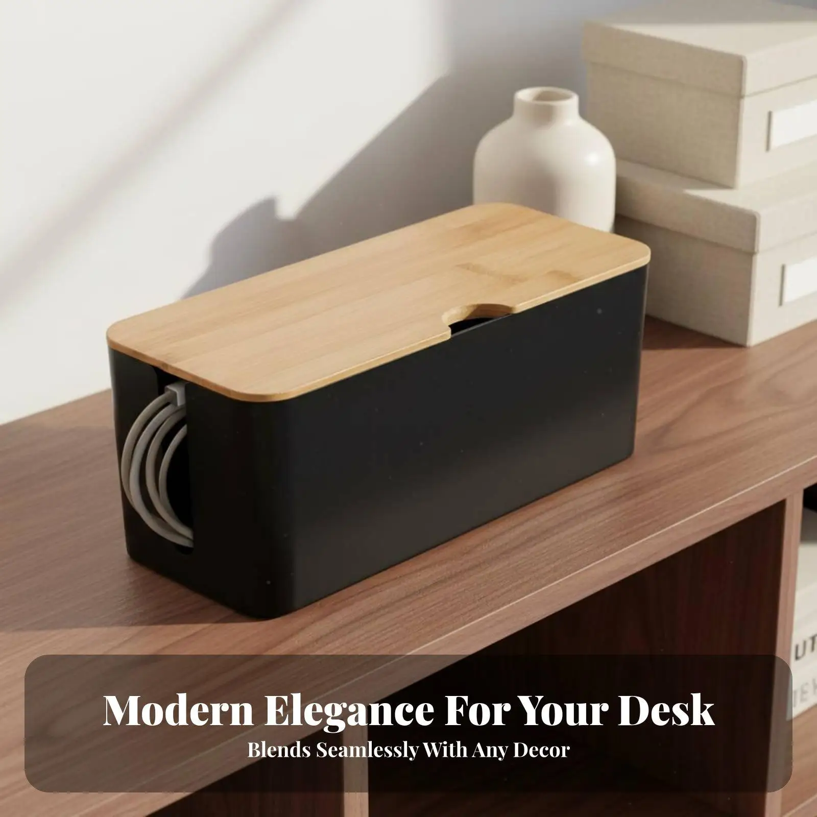 Cable Tidy Organizer with Bamboo Lid Sleek Cord Container for Organizer Cables Desk Accessories Storage Solution - view 2
