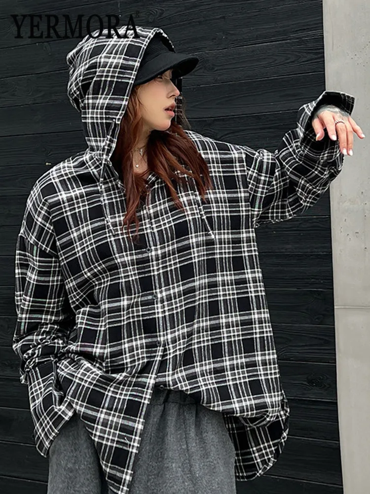 

YERMORA Black Plaid Button Brief Casual Blouse For Women Hooded Long Sleeve Loose New Shirt Fashion Tide Spring Autumn 2026