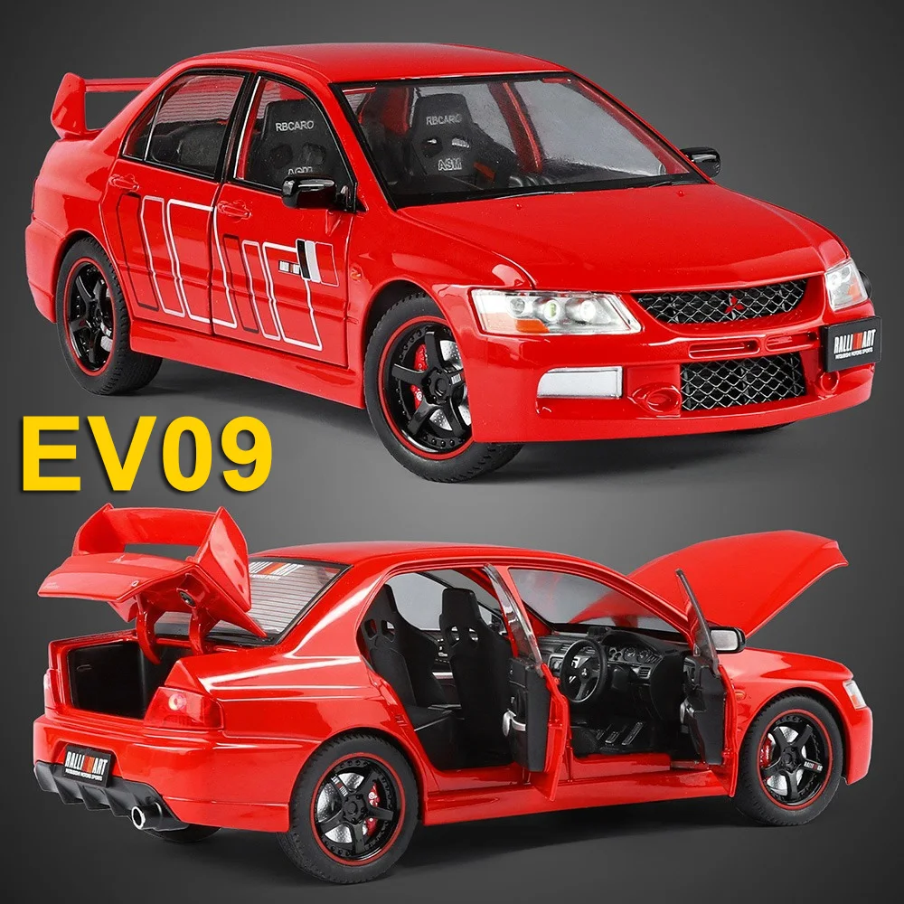 1:24 Mitsubishi EVO9 Miniatuur Model Speelgoed Legering Diecast Autodeuren Geopend Geluid Licht Trek Voertuigen Prachtige Collectie Cadeau