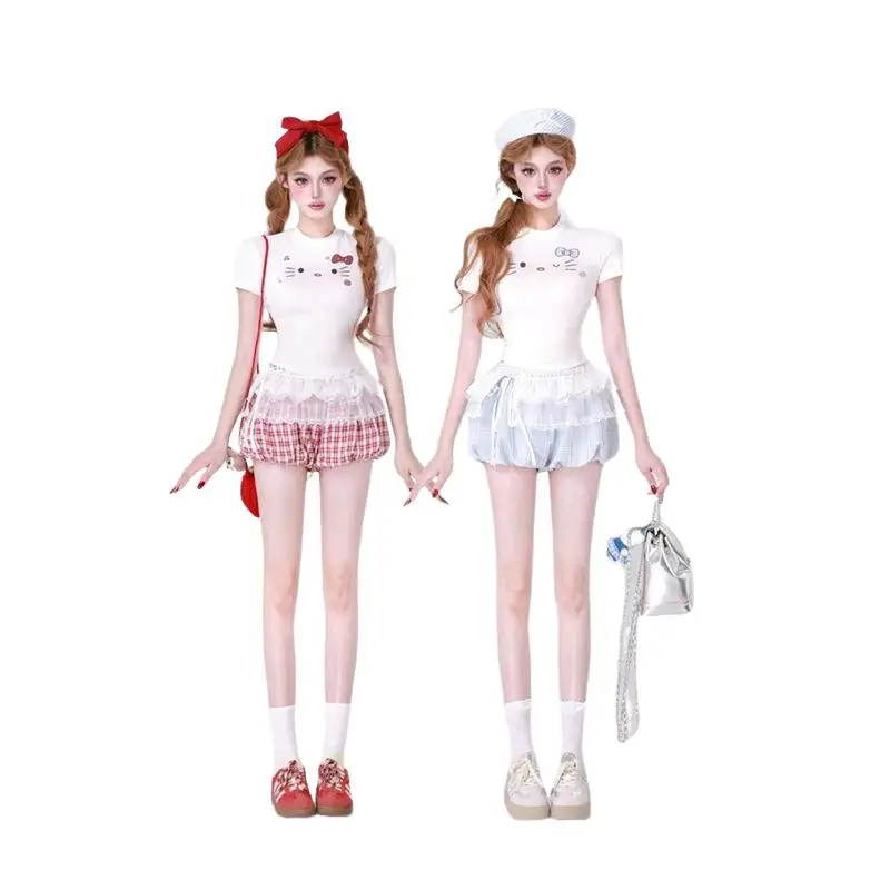 

Комплекты шорт Hello Kitty Kawaii, новые летние комплекты с комиксами для девочек и сестер, милый тонкий комплект Y2K, шорты для милых девочек, подарки для отдыха и путешествий для девочек