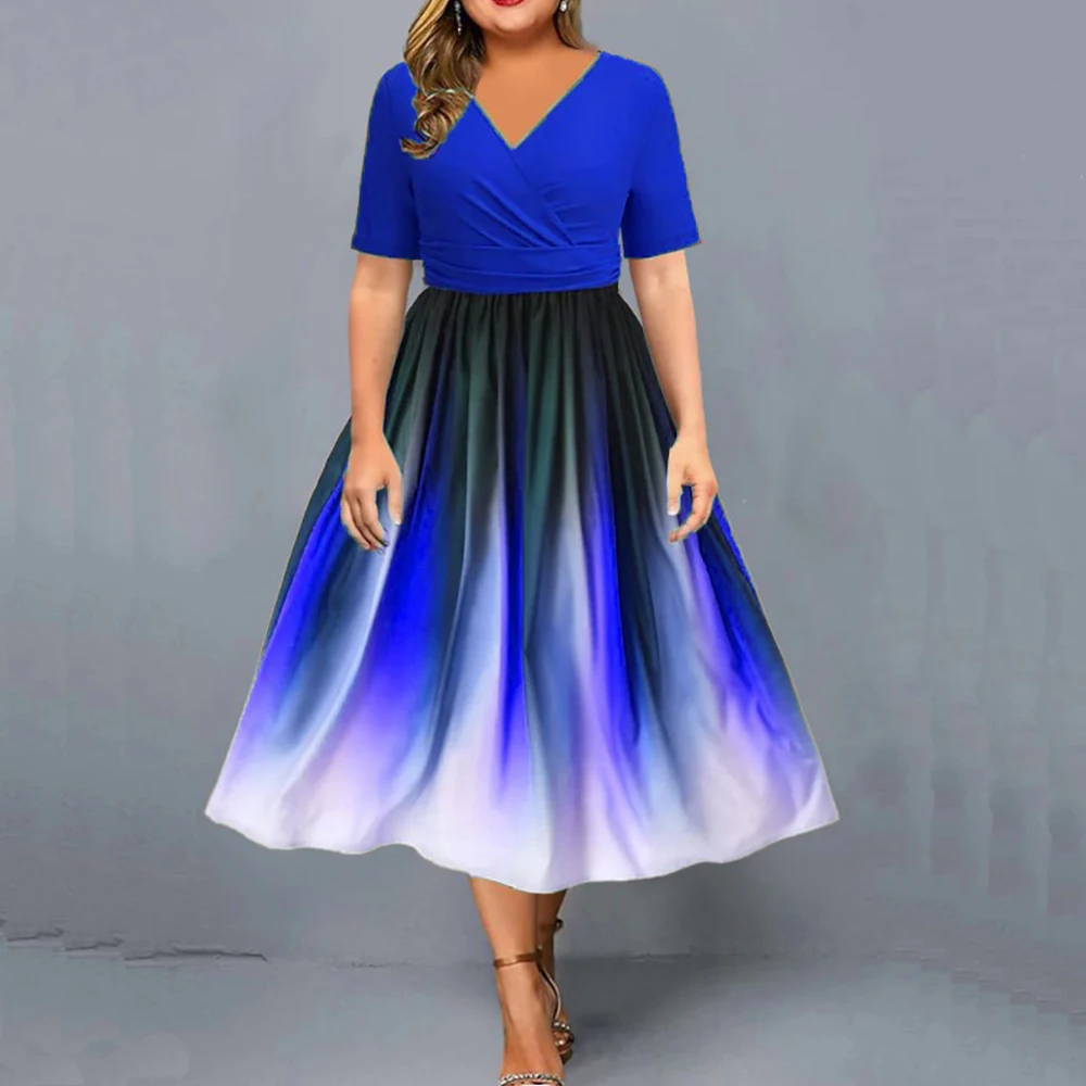 Plus Size Dresses for Women 2023 Casual V Neck Short Sleeve High Waist Slim Midi Dress Female Summer Elegant Party Vestidos