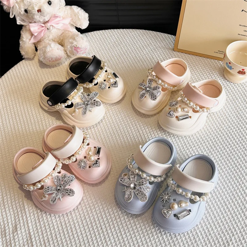 Somenie Pearl Chain Boys and Girls Hole Shoes Fashion Trend Non-slip Parent-child Style Height-enhancing Cool Slippers