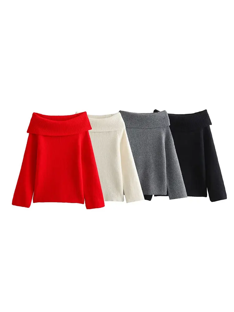 TELLHONEY ผู้หญิงแฟชั่น Slash คอ Strapless ปิดไหล่เสื้อกันหนาวหญิงสบายๆแขนยาวถัก Slim FITTING Pullover