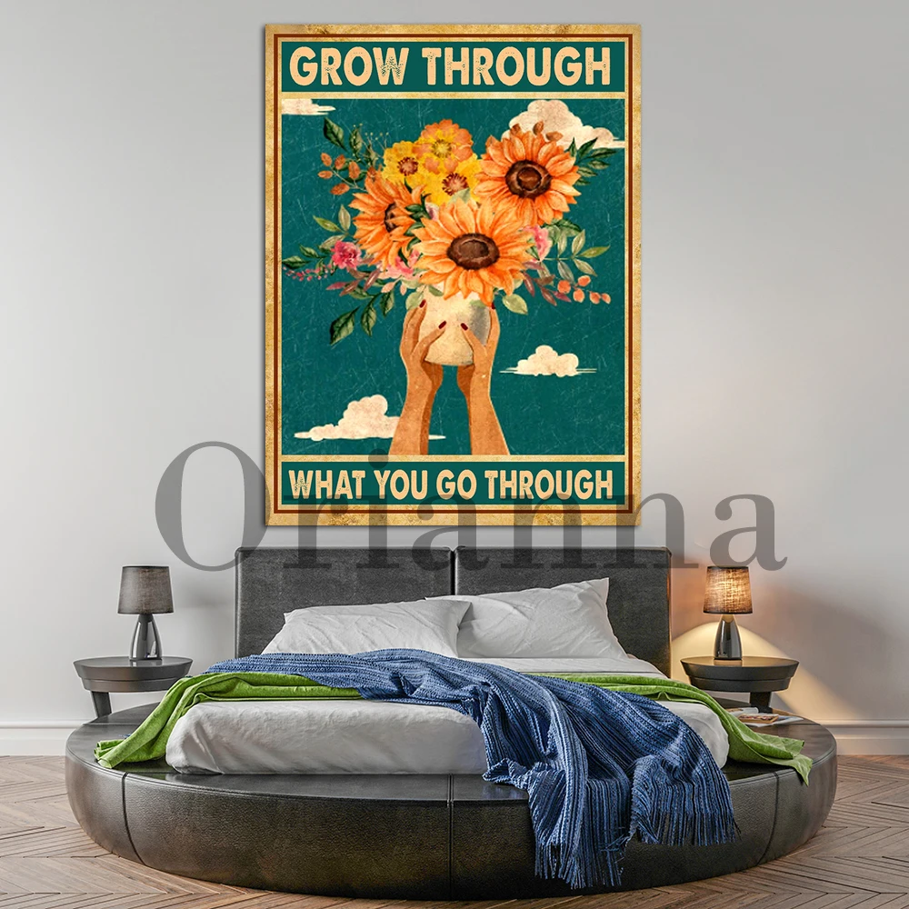 Sunflower Grow Through What You Go Through Canvas Poster Women Mental Health Awareness Poster Mental Health Matters Retro Poster