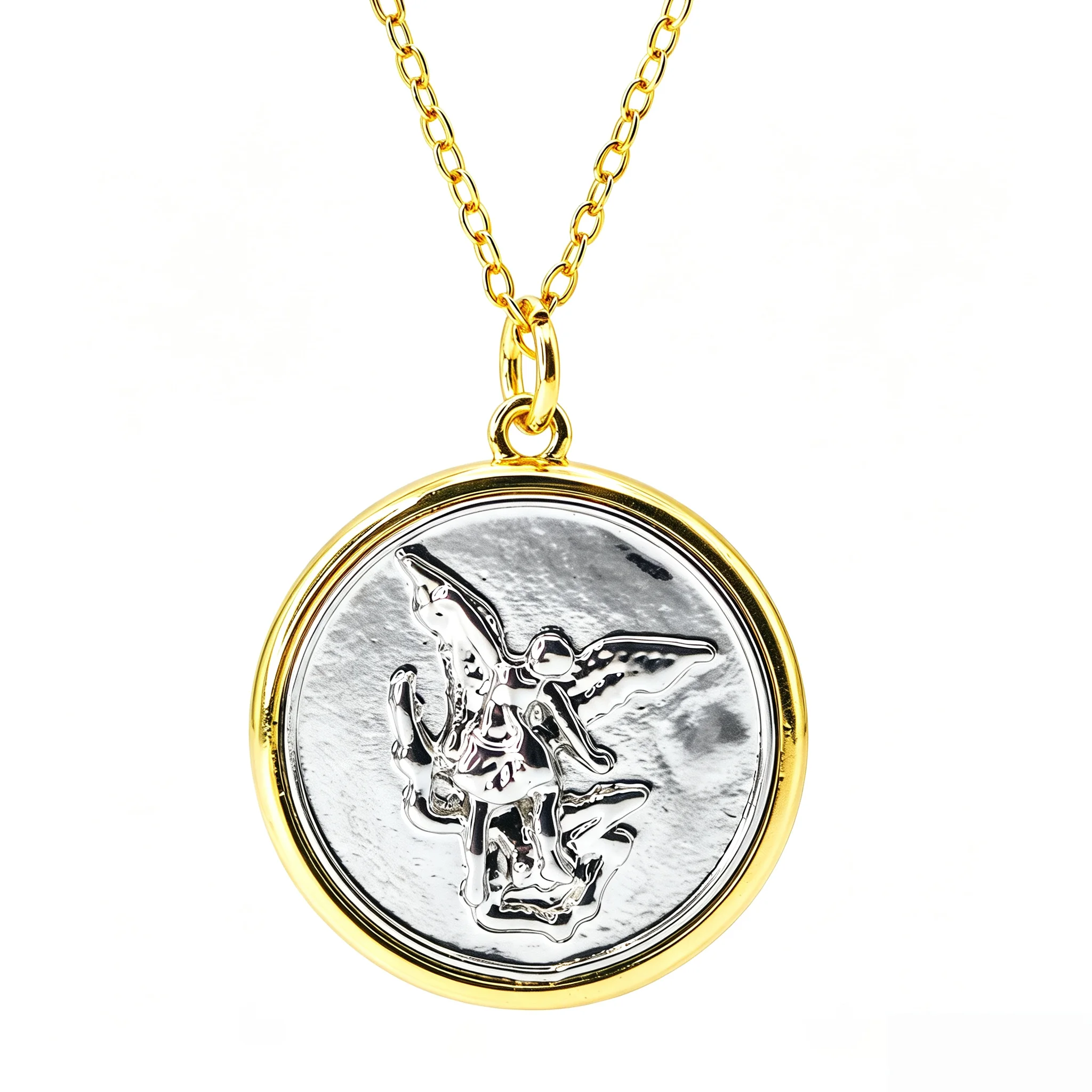 St Michael Archangel Medal Pendant 24mm Two Tone Gold Color Silver Round Catholic Religious Protection Amulet Men Women Jewelry