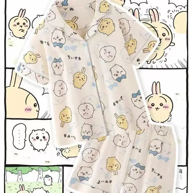New Kawaii Sanrio Chiikawa Pajamas Three-piece Set Cute Anime Short Sleeves Shorts and Long Pants Pure Cotton Home Wear - Image 2