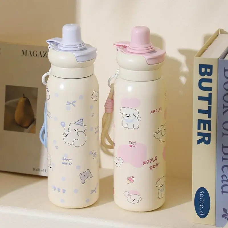 Cute Cartoon Fashion Straw Cup Large Capacity Student Dual Water Bottle, Stainless Steel Insulated Flask, Bow Bear Pattern
