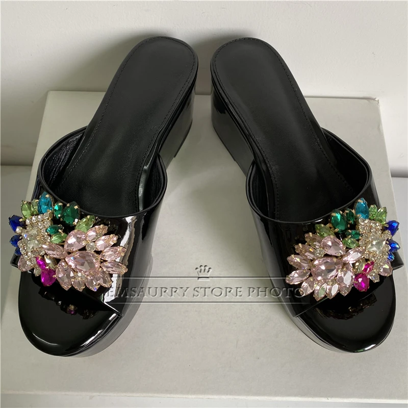 Colorful Rhinestone Flower Buckle Decor Sandals Women High Platform Wedges Luxury Patent Leather Slingbacks Mules Summer