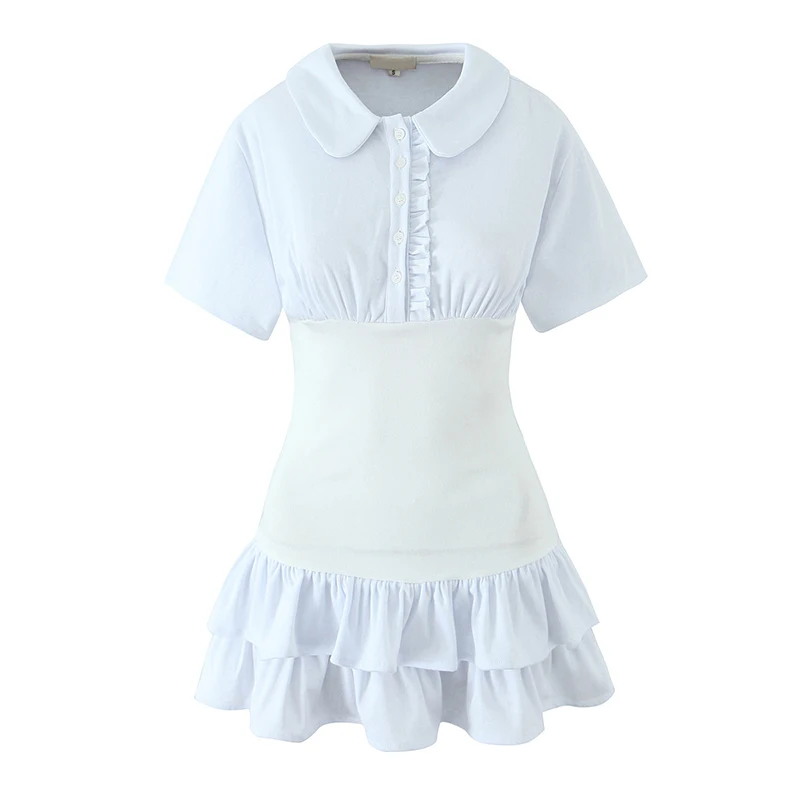 Yenkye doce menina peter pan colarinho manga curta branco mini vestido feminino fino em camadas plissado hem vestidos de verão estilo preppy robe