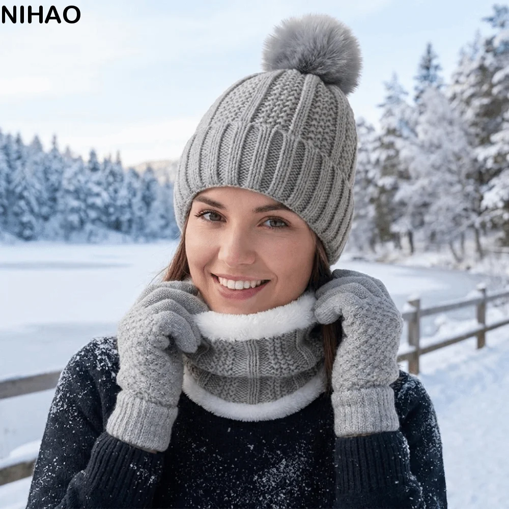 3pcs Comfortable Solid Color Hat Scarf Gloves Set Cute Pompom Thickened Knitted Hat Keep Warm with Velvet Beanie Hat Kids