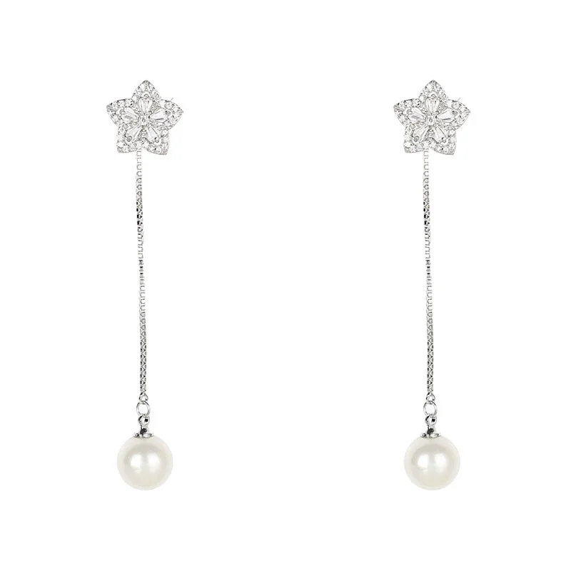925 Silver Needle Luxury Flower Pearl Tassel Drop Earrings, Elegant Bridal Wedding Party Jewelry Gift for Women