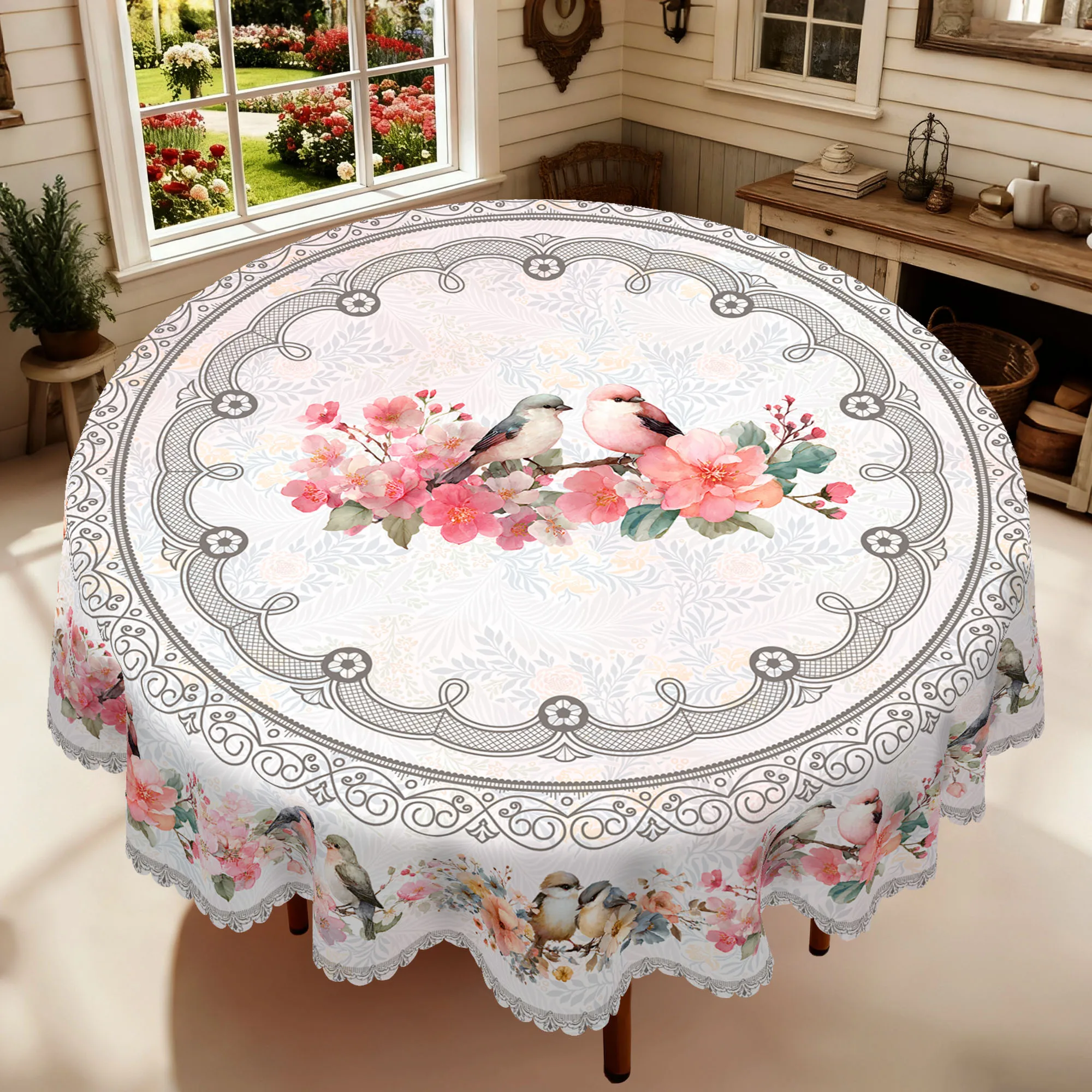 1 Piece of Spring and Summer Floral and Bird Print Tablecloth in Round and Rectangular Shapes, Available in Various Sizes, with Vintage Patterns and Soft Pink Peach Blossoms Interwoven, Paired with a Tablecloth Featuring Birds Fluttering on the Branches, with Embossed Edges, Suitable for Home Dining Rooms, Outdoor Picnics, Spring Atmosphere Decoration, and Spring and Summer Home Decor
