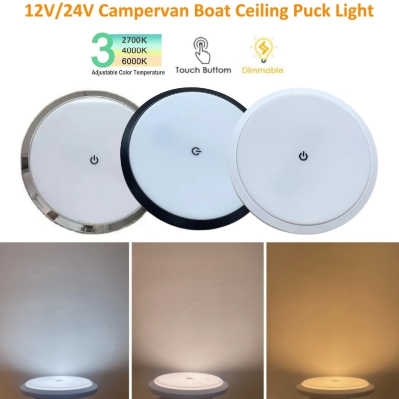 Tokili 3CCTs LED Car Roof Light Dimmer RV Puck Lights Ultra Slim Campervan Downlight for 12V/24V Truck Trailer Boat Ceiling Lamp