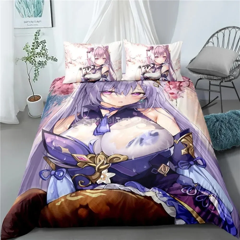 Keqing Set biancheria da letto Genshin Impact Gioco 3d Stampa Biancheria da letto Trapunta Set copripiumino morbido Decorazioni per la casa Queen King Size Viola