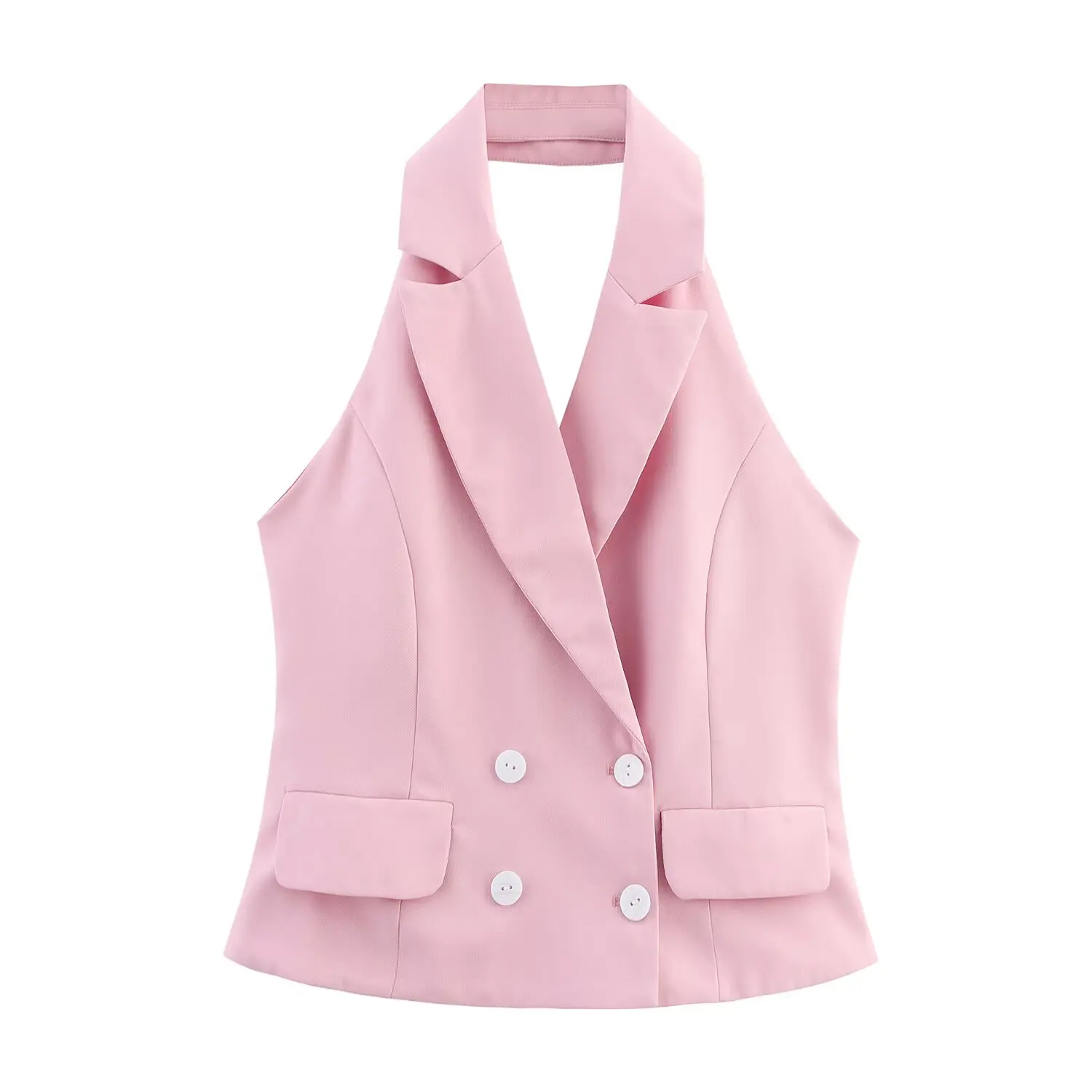 

2025 new women's European and American style double-breasted halter neck fashion sleeveless vest vest