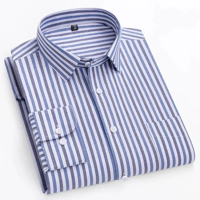New 100% Pure Cotton Men's Striped Shirt Long Sleeve  Neck Thickened Fleece Autumn Special Wide Fit Men's Shirt