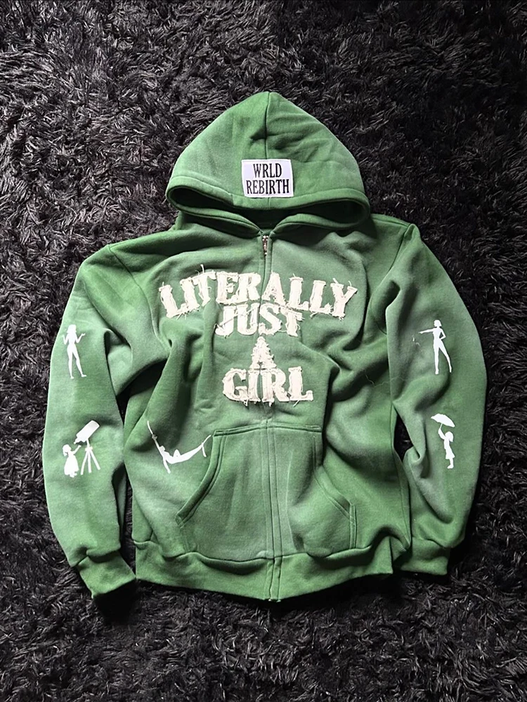 

Harajuku new fashion English letter design pattern embroidery patch loose hooded Y2K Gothic retro hip-hop popular casual coat.