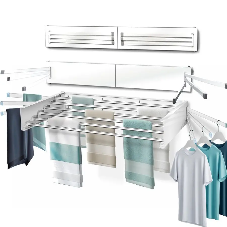 

Wall Mounted Clothes Drying Rack with 6 Swivel arms, 35Wide, 26 Linear ft of Laundry Drying Rack Space, 6 Collapsible Aluminum r