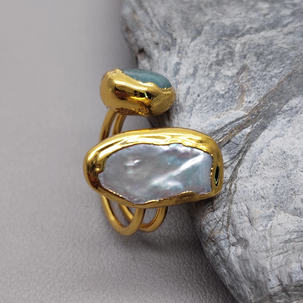 Cultured White Pearl Fish Shape Natural Green Amazonite Adjustable Ring