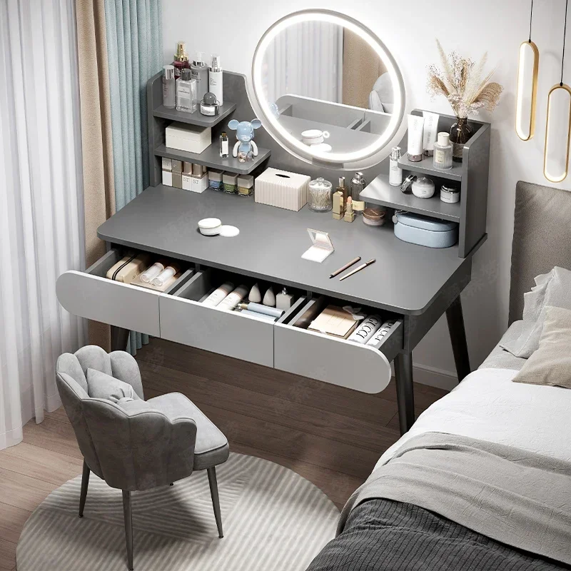 Essentials Luxury Black Dressing Table Mirror Make Up Vanity Storage Dressing Table Lights Wood Comoda Pra Quarto Furniture