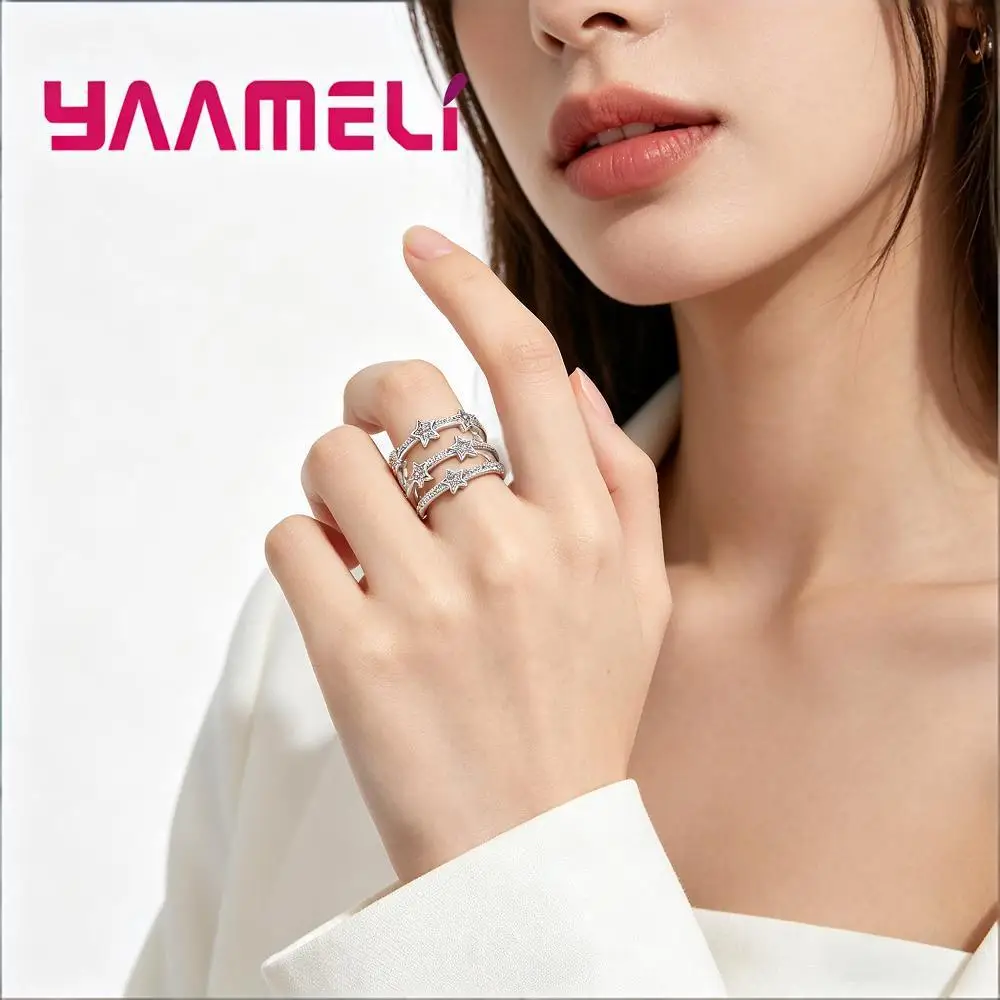 Exquisite 925 Sterling Silver Stars Multi-Layer Crystal Zircon Open Rings For Women Girls Wedding Party Fashion Jewelry Gifts