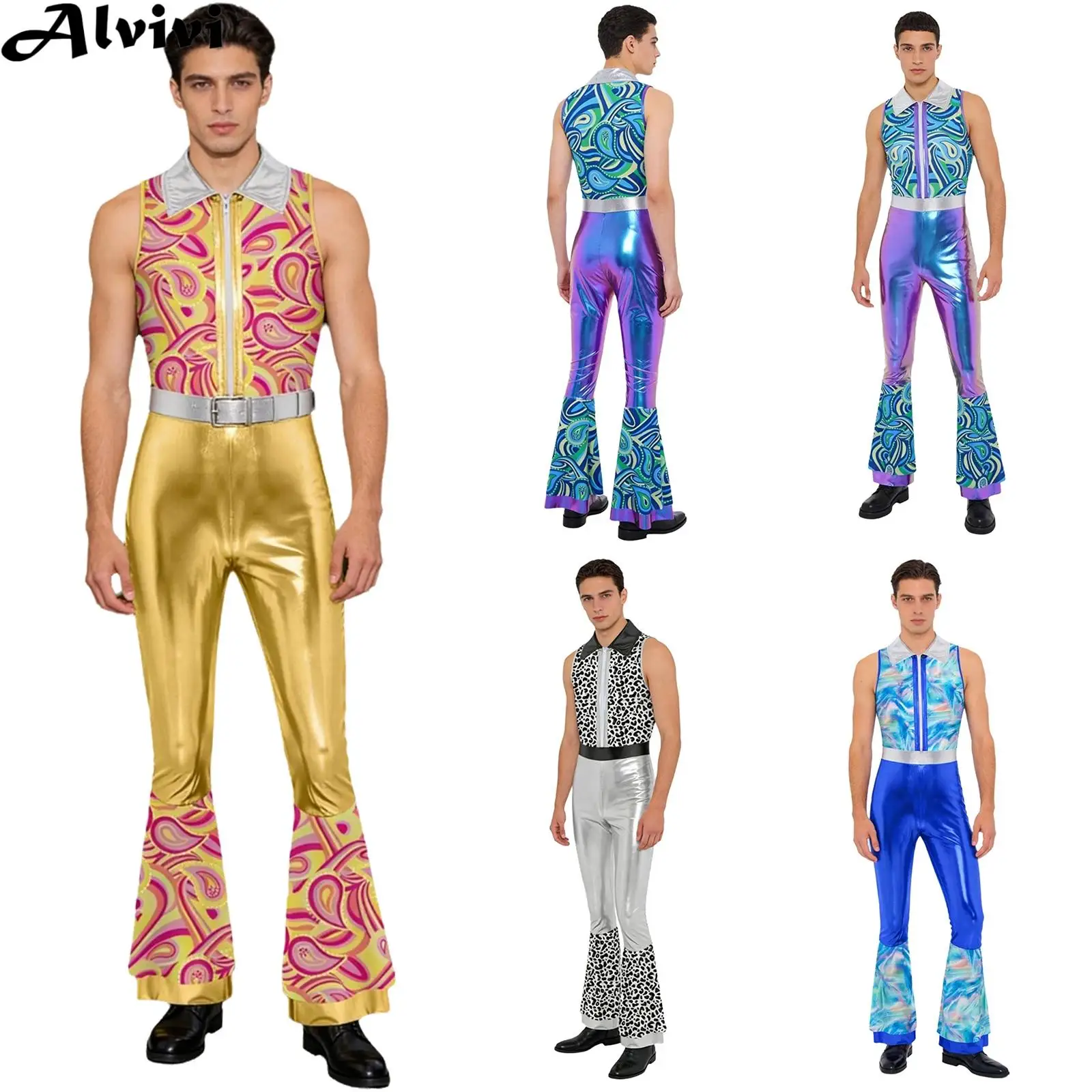 Men Sleeveless Metallic Shiny Tiered 70s Disco Dance Flare Jumpsuit Halloween Carnival Hippie Cowboy Cosplay Performance Costume