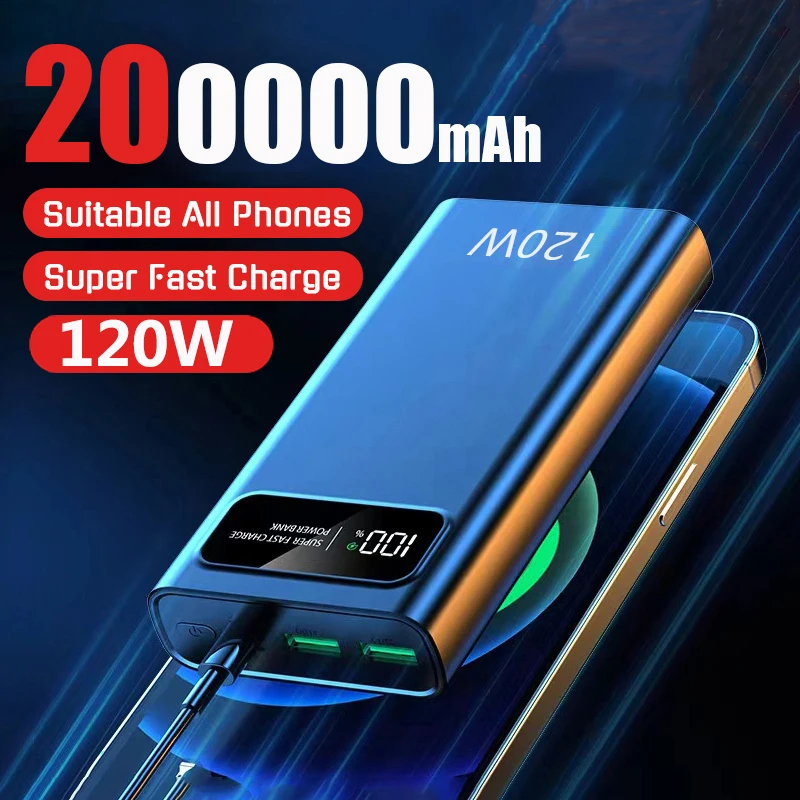 120W 200000mAh Power Bank Super Fast Charging High Capacity Portable Digital Display LED Power Bank For iPhone Samsung Xiaomi