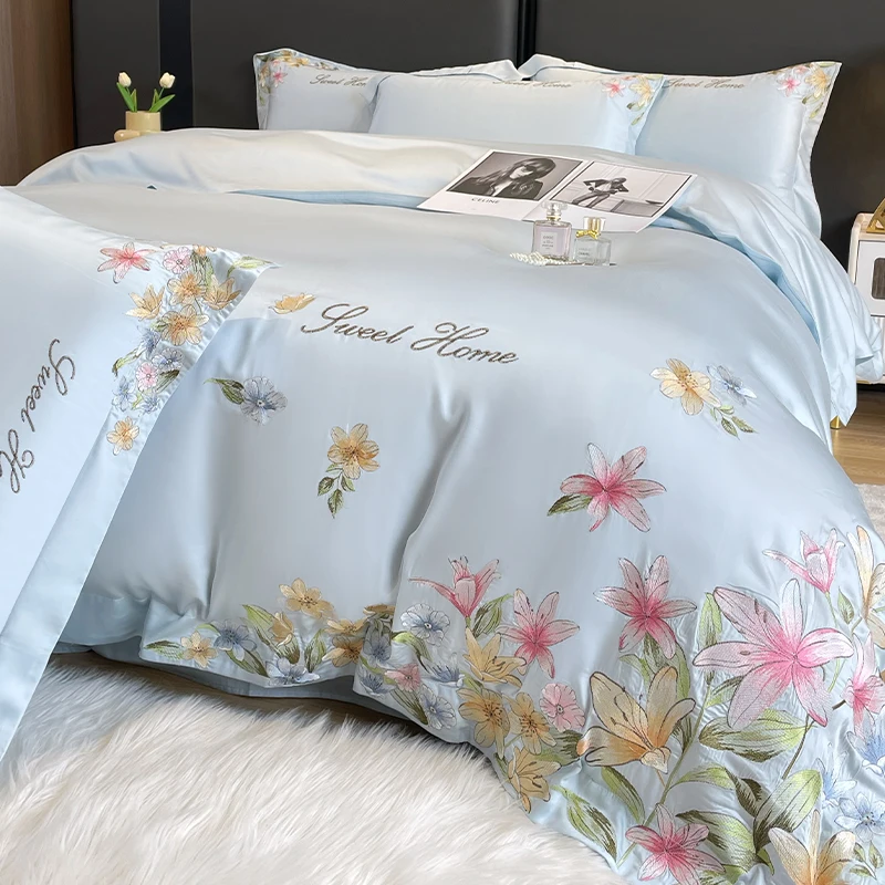 

Flowers Embroidery Bedding Sets Queen King Size Solid Color Super Soft Silky Duvet Cover Bed Sheet Pillowcases Mattress Covers