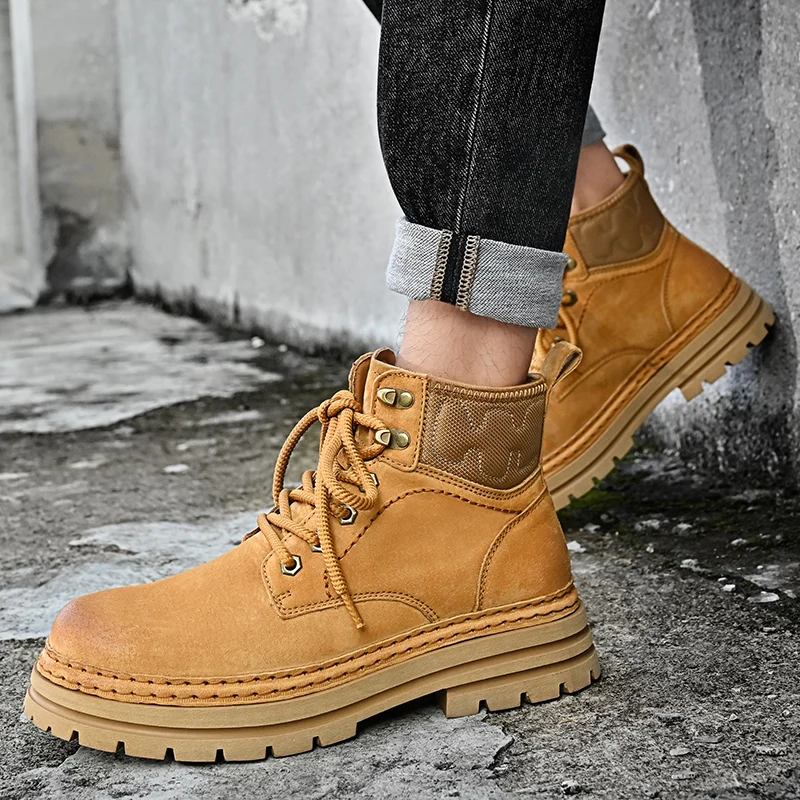 2025 الرجال جلد الخنزير الرجعية أحذية عمل غير رسمية جلد طبيعي عالية أعلى أحذية العمل رجل اصفرار البني حذاء من الجلد يصعب ارتداء