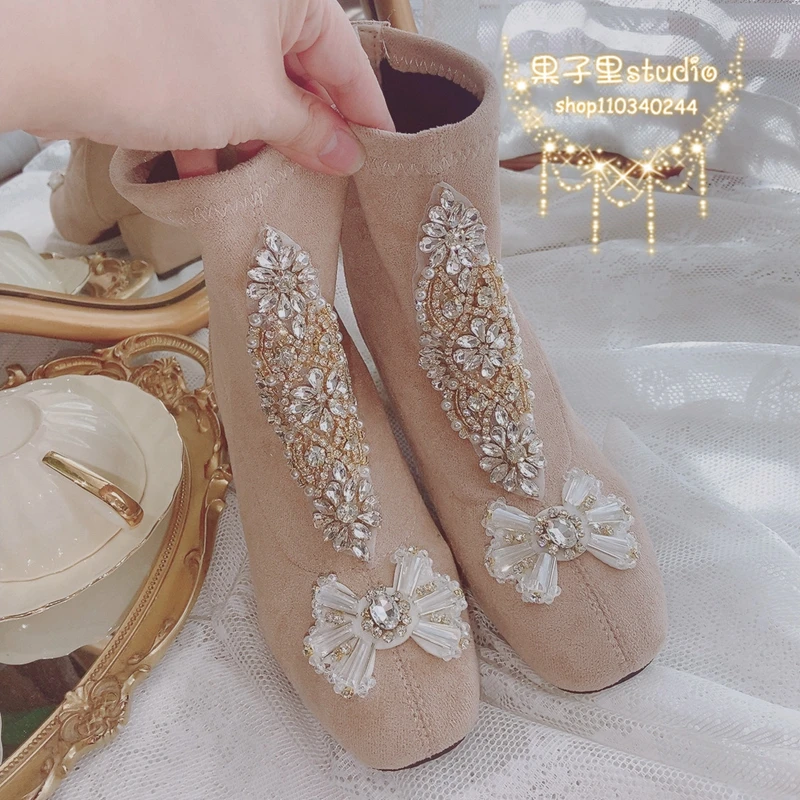 

Winter Fashion Strecth Fabric Women Warm Plush High Heels Sock Boots Round Toe Rhinestones Bow Crystal Ankle Booties Party Shoes