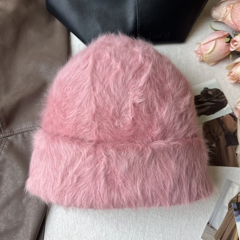 2023 neue Mode Kaninchen Fell Y2k Mützen für Frauen Weiche Warme Flauschigen Angola Winter Hut Weibliche Winddicht Motorhaube Hut Skullies Kappe – Detail 37