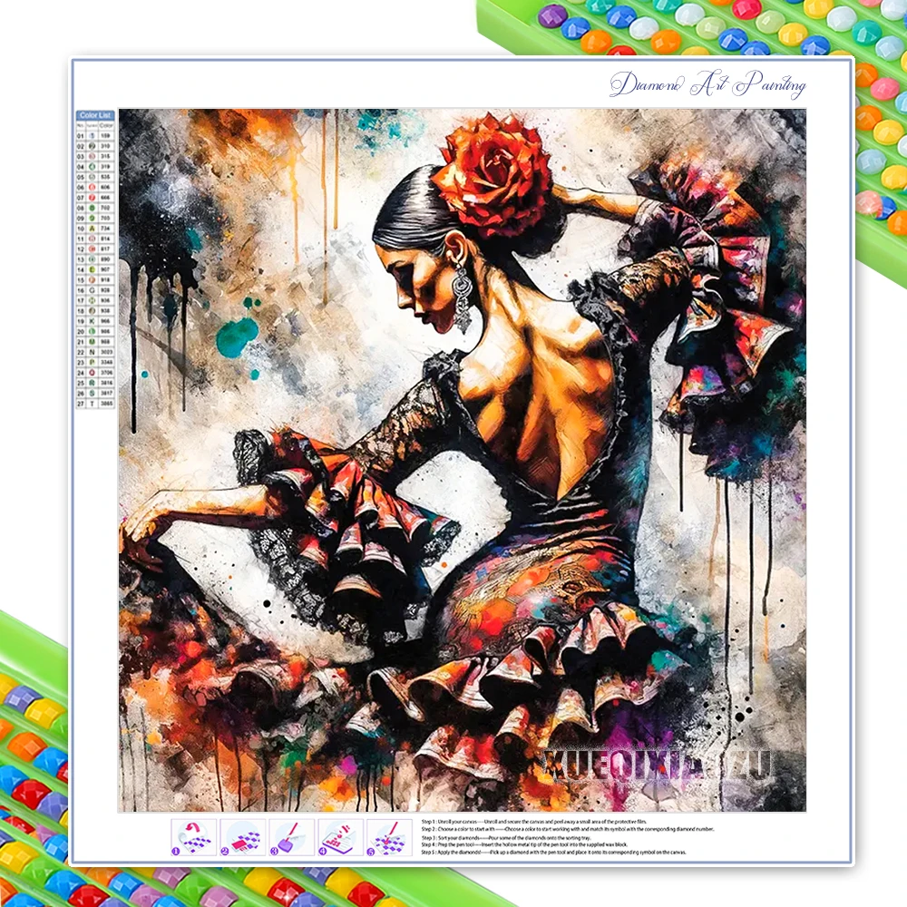 Pintura de diamante artesanal, arte de pared de bailarina, chica hermosa, diamante redondo completo/diamante cuadrado, mosaico bordado, decoración del hogar