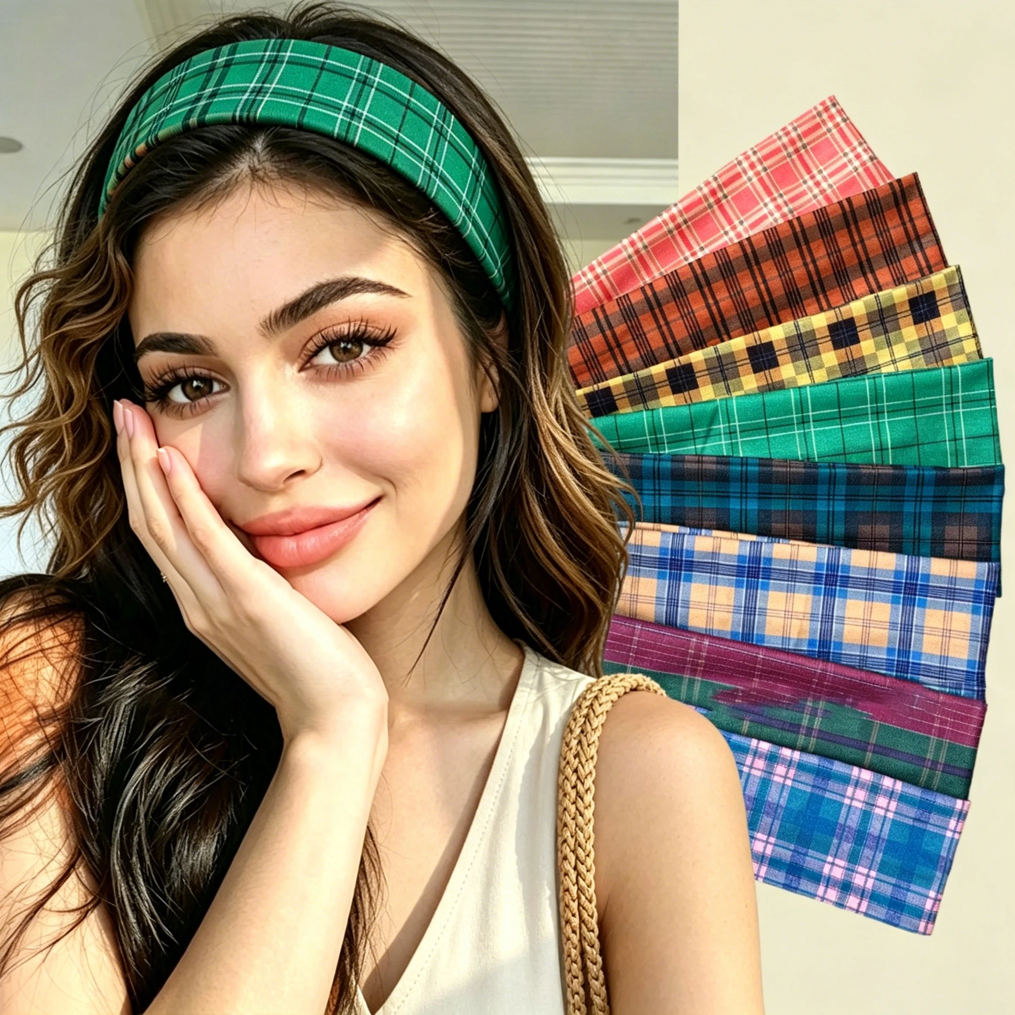 American Style Contrast Color Checked Wide Headband For Women Fashion Lattice Hairbands Streetwear Yoga Sports Hair Accessories
