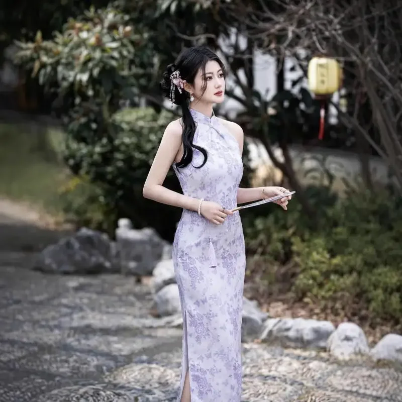 

Summer Sleeveless Printed Qipao Sexy Hanging Neck Cheongsam Purple Elegant Temperament Evening Gown Chinese Traditional Dress