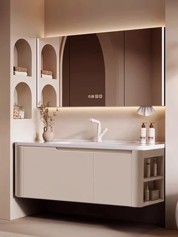 

Тумба для ванной в кремовом стиле, встроенный керамический умывальник, раковина, для ванной комнаты, с закругленными углами, комбинированный дуб