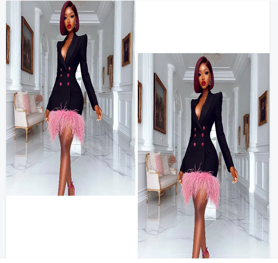 

Luxury Feather Women Suit 1Pcs Long Blazer Prom Dress Autumn Black Pink Formal Office Lady Jacket Customized Wedding Tuxedos